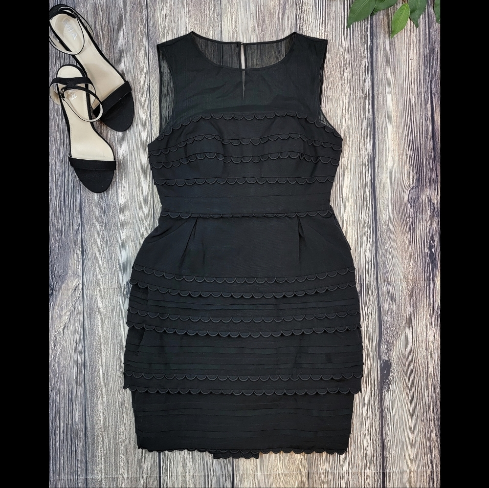 Anthropologie Hitherto Scallop Layered Black Keyhole Silk Blend Dress